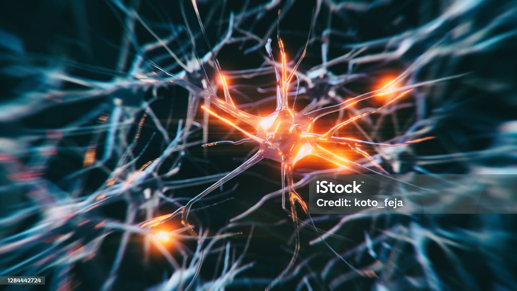 Neuron system disease Neuron cells system disease - 3d rendered image of Neuron cell network on black background. Interconnected neurons cells with electrical pulses. Conceptual medical image.  Glowing synapse.  Healthcare, disease concept. Brain Stock Photo