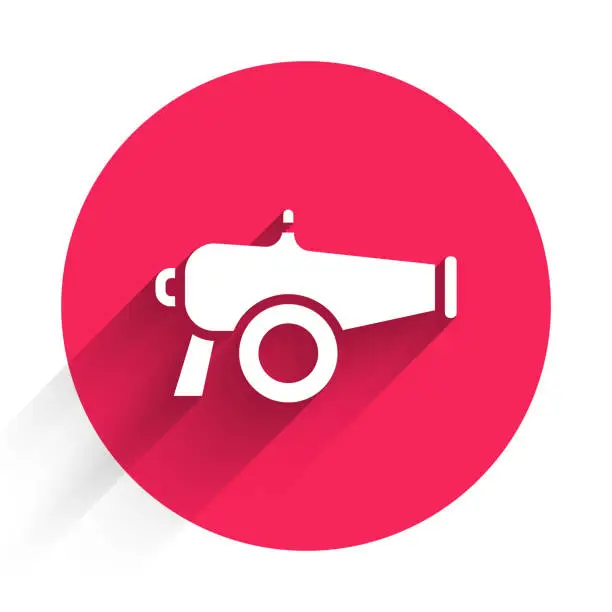 Vector illustration of White Cannon icon isolated with long shadow. Red circle button. Vector