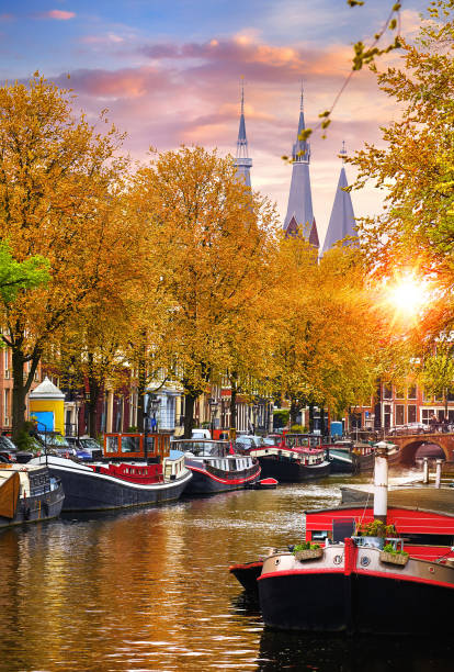 Channel in Amsterdam Netherlands houses river Amstel