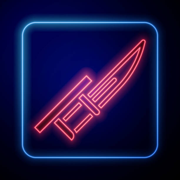 ilustrações, clipart, desenhos animados e ícones de baioneta de neon brilhante no ícone do rifle isolado no fundo azul. vetor - knife isolated on red bayonet isolated