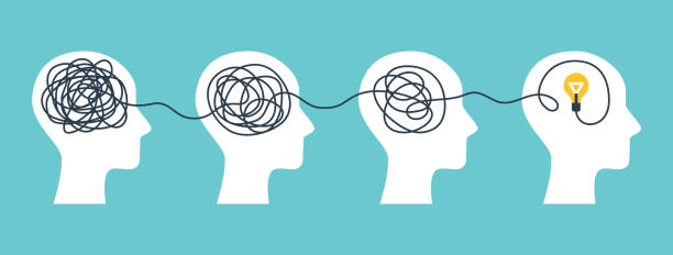 Brain with tangled knot Concept of psychotherapy, brainstorming and mental problem solving. Vector illustration. Brain with tangled knot and order in man head. Simplifying the complex path. Light bulb idea and scribbles. inspired stock illustrations