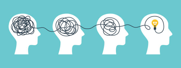 Brain with tangled knot Concept of psychotherapy, brainstorming and mental problem solving. Vector illustration. Brain with tangled knot and order in man head. Simplifying the complex path. Light bulb idea and scribbles. decisions stock illustrations