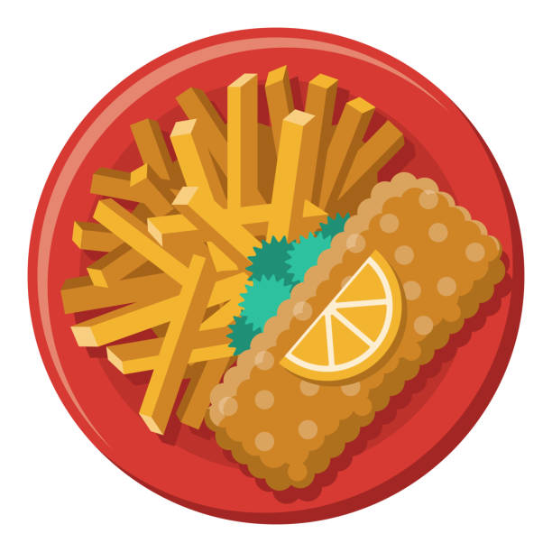 Fish and Chips Icon on Transparent Background A flat design icon on a transparent background (can be placed onto any colored background). File is built in the CMYK color space for optimal printing. Color swatches are global so it’s easy to change colors across the document. No transparencies, blends or gradients used. fish fry icon stock illustrations