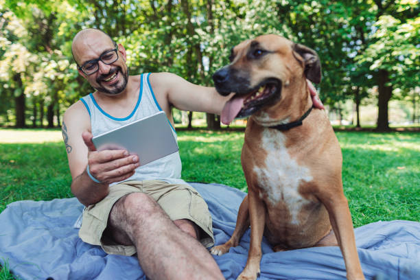 istock Man watching funny video on his tablet 1284449359