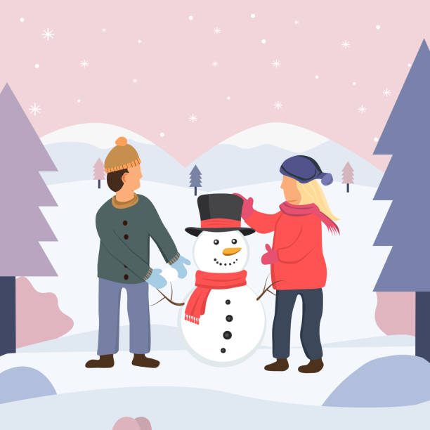 남자와 여자는 공원에서 겨울 날에 눈사람을 만든다 - snowman snowball men christmas stock illustrations