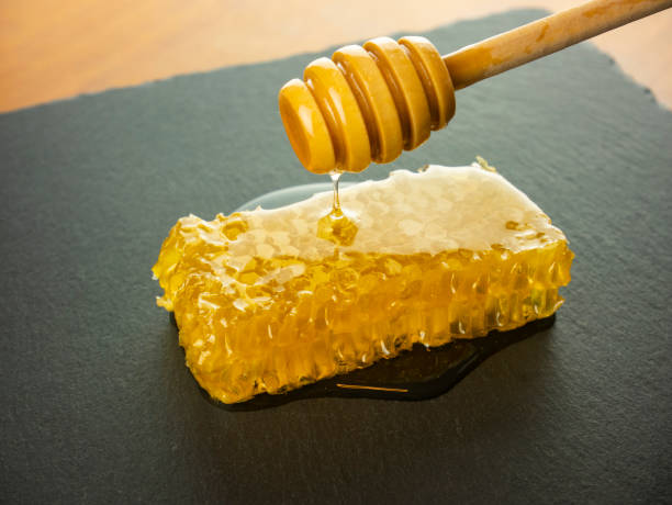 nid d’abeilles avec dipper d’abeille sur la plaque noire d’ardoise - breakfast stick honey meal photos et images de collection