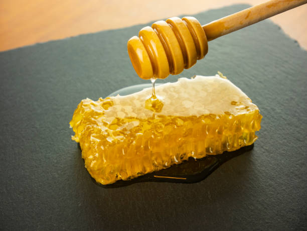 istock honeycomb with honey dipper on black slate plate 1284450496