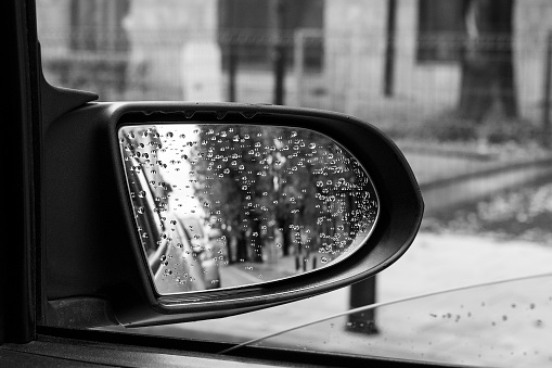 Black and white photography of retro side rear-view mirror