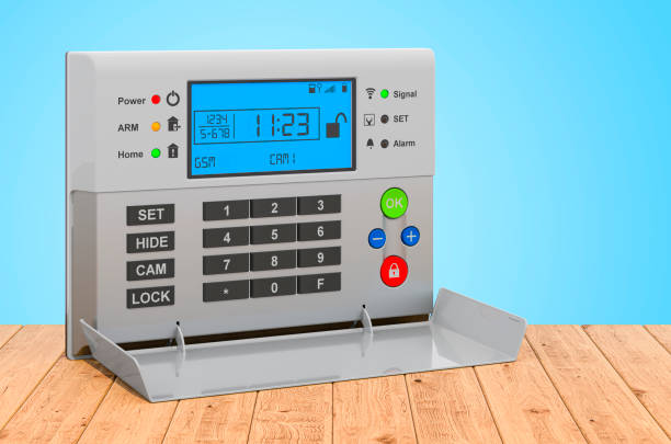 istock Home security alarm system on the wooden planks, 3D rendering 1284451675