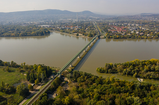 drone view, Budapest, Hungary, , Danube river,