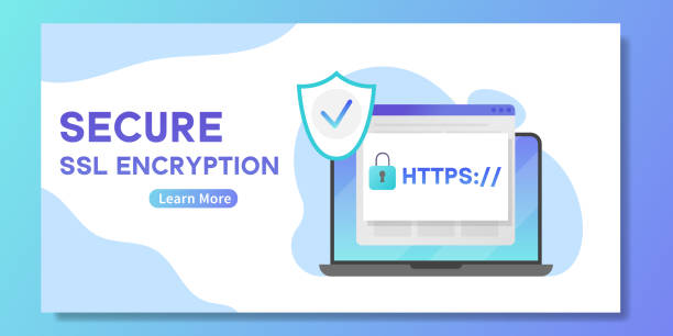 sicheres ssl-encription-banner. laptop mit geöffnetem webbrowser und sicherheit https - internet-kommunikationsprotokoll, das die vertraulichkeit der benutzerdaten schützt. konzept der online-sicherheit - e commerce https ssl internet stock-grafiken, -clipart, -cartoons und -symbole