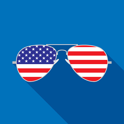Vector illustration of aviator sunglasses with USA flag against a blue background in flat style.