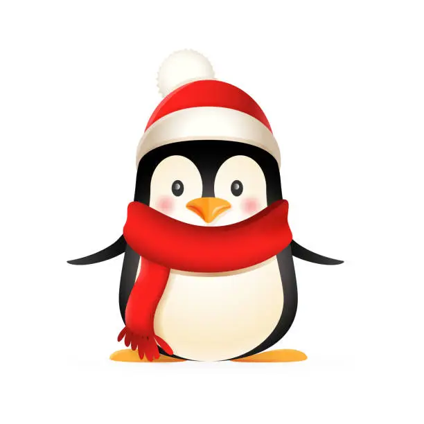 Vector illustration of Cute penguin wear winter clothes - vector illustration isolated on white background