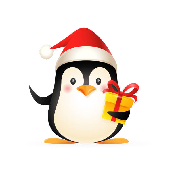 istock Cute penguin with Santa s hat and gift - vector illustration isolated on white background 1284458682