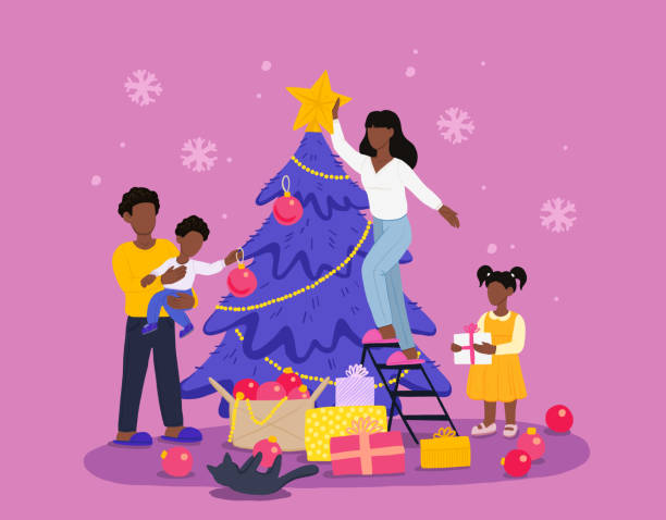 afroamerikanische familie schmücken weihnachtsbaum und vorbereitung auf weihnachten und neujahr - weihnachten familie stock-grafiken, -clipart, -cartoons und -symbole