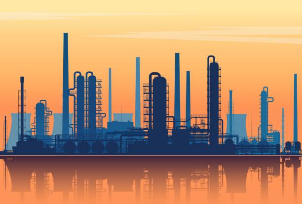 ilustraciones, imágenes clip art, dibujos animados e iconos de stock de silueta de la refinería de petróleo sobre el fondo de la puesta de sol. ilustración vectorial. - architecture chemical plant diesel fuel and power generation