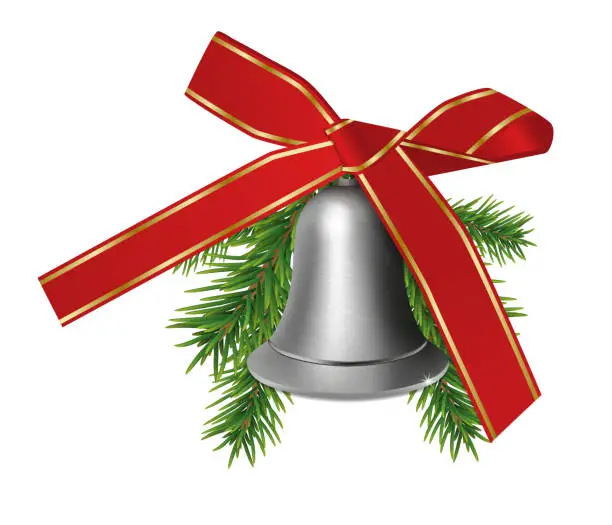 Vector illustration of Silver bell with fir branches and red bow ribbon isolated on white background. Christmas or New Year elements for design. Vector