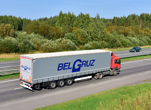 Semi-trailer truck SCANIA by 'BELGRUZ'  logistics operator driving along highway. JUNE 19, 2020 Russia, Moscow