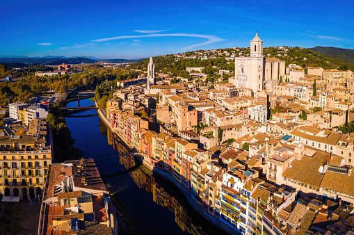 Aerial view of Girona, a city in Spain's northeastern Catalonia region, beside the River Onyar