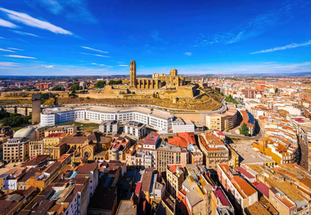 Aerial view of a Gothic-Romanesque cathedral in Lleida, an ancient city in Spain stock photo