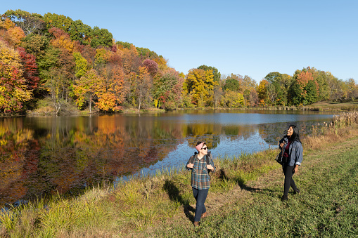 Two American, female and non-binary friends in their 30s of Asian and Middle Eastern ethnicities walk with backpacks by a scenic lake in the Catskill Mountains at the Stone Ridge Orchard farm in upstate New York on a sunny autumn day.