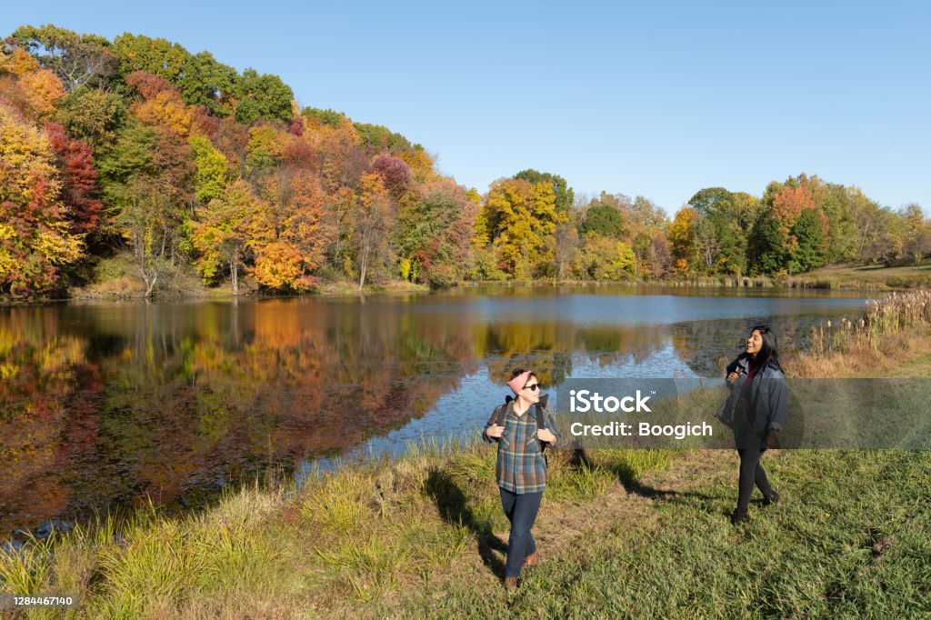 Adult Female Friends Walking Together on an Autumn Day in Upstate New York Two American, female and non-binary friends in their 30s of Asian and Middle Eastern ethnicities walk with backpacks by a scenic lake in the Catskill Mountains at the Stone Ridge Orchard farm in upstate New York on a sunny autumn day. New York State Stock Photo