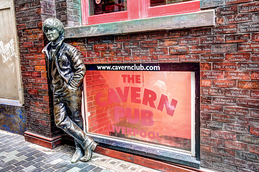 Liverpool, UK - July 20, 2019: Sights along Matthew Street and in the Cavern Nightclub in celebration of the Beatles in Liverpool.