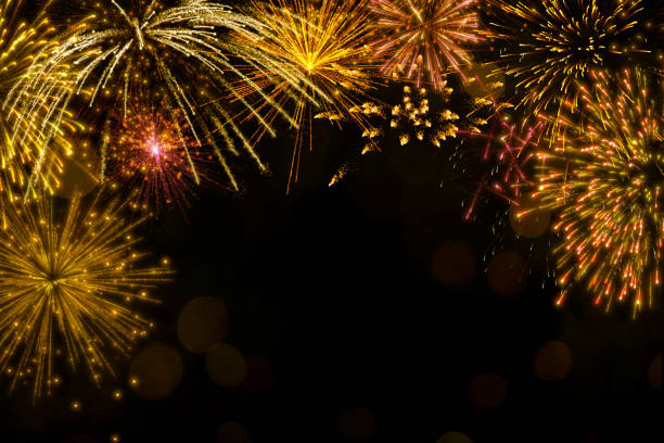istock Realistic 3D illustration colorful gold luxury firework pyrotechnic night dark sky smoke isolated black background wallpaper use celebrate happy new year countdown festival anniversary birthday party 1284468764