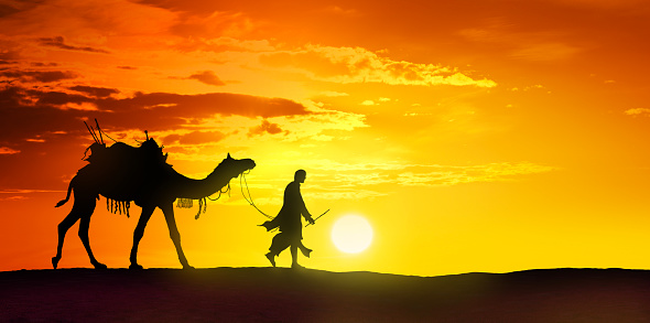 Bedouin in camel caravan walking through desert at beautiful sunset - Image manipulation