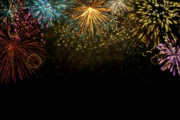 istock Realistic 3D illustration colorful gold luxury firework pyrotechnic night dark sky smoke isolated black background wallpaper use celebrate happy new year countdown festival anniversary birthday party 1284468870