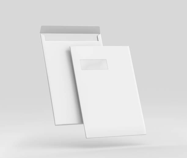 realistyczna biała koperta c4/a4 makieta, pusty papier listowy, c4 a4 c3 szablon a3 rendering izolowany na jasnoszarym tle - psd zdjęcia i obrazy z banku zdjęć