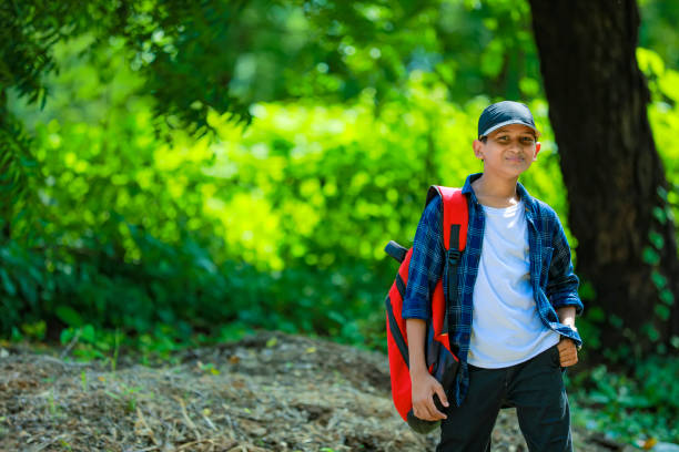 Indian cute schoolboy with backpack, Back to school concept
