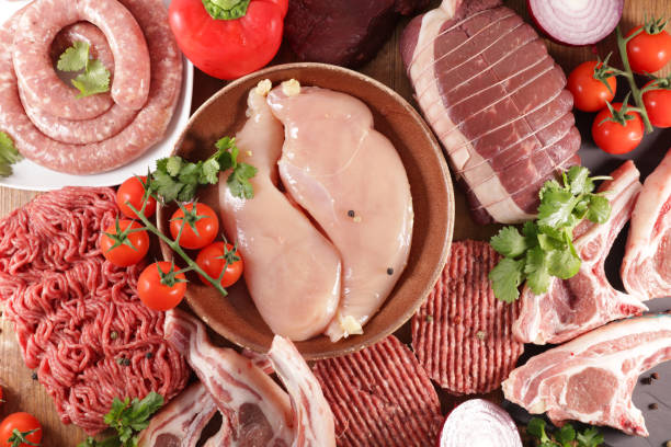 istock assorted of meats- top view-chicken, minced beef, roast beef, sausage 1284504433
