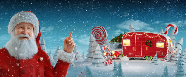Merry Christmas and a Happy new year concept Santa Claus pointing at blank space. Christmas 3d illustration of decorated Santa's Christmas red camper with Christmas lights. Merry Christmas and a Happy new year concept funny camping signs pictures stock pictures, royalty-free photos & images