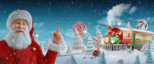 Santa Claus pointing at blank space. Amazing fairy Santa's Christmas train in a magical forest with candy canes. Unusual Christmas 3d illustration postcard.