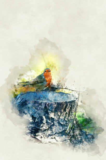 istock Perfect picture of a robin sitting on an old tree stump 1284515908