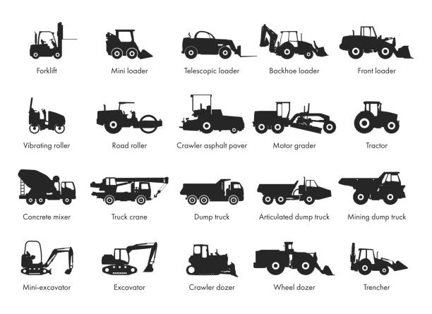 ilustrações de stock, clip art, desenhos animados e ícones de special machinery, set of construction equipment. collection of silhouettes of working equipment and cars. - train steam train vector silhouette