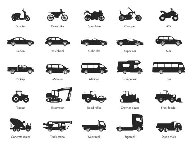тип автомобиля и тип объектов объектов набор . векторная черная иллюстрация изолирована на белом фоне. - semi truck cargo container mode of transport horizontal stock illustrations