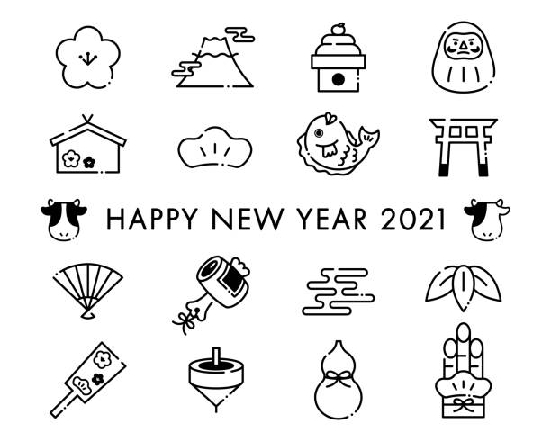 ilustrações, clipart, desenhos animados e ícones de um conjunto de vários ícones e ilustrações para cartões de ano novo japoneses - kanji japanese script food japan