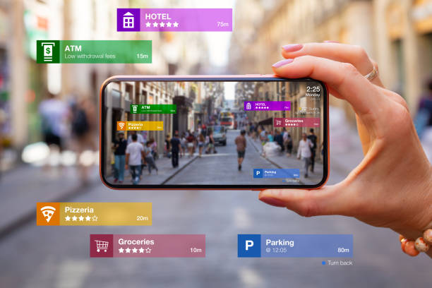 Augmented reality tech being used in phone for navigation and location based services Concept of augmented reality technology being used in mobile phone for navigation and location based services navigational equipment photos stock pictures, royalty-free photos & images