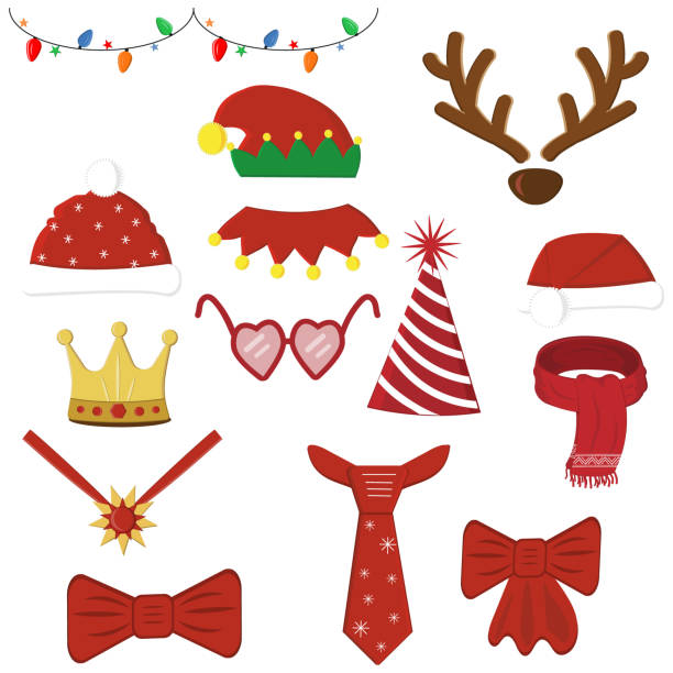 Set of Christmas accessories for carnival and holiday, balloons and Christmas toys. Color vector illustration in flat style. Clipart, stickers, design, decoration set of festive Christmas accessories, vector illustration locket stock illustrations