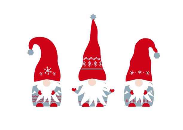 Vector illustration of cute three Christmas gnomes on white background. Collection of funny Xmas gnomes with beard and hat for card, greeting, house and garden. Set of Christmas scandinavian gnomes. Vector illustration of cute three Christmas scandinavian gnomes. Gnome stock illustrations