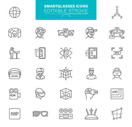 Set of virtual reality icons line style for app design project. 360 Degree, Panorama, Smartglasses, Virtual Reality Helmet,