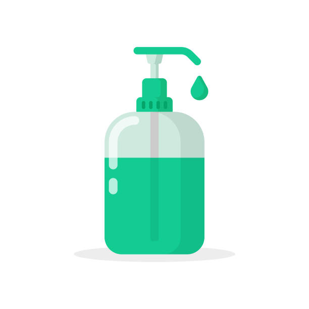 소독 및 손 소독제 아이콘 플랫 디자인. - liquid soap moisturizer bottle hygiene stock illustrations