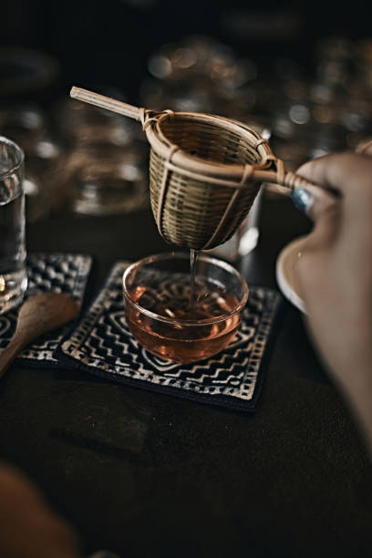 istock Cafe or bar table with tea.Toned picture 1284523644