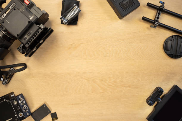 istock Directly above shot of video camera and accessories on table 1284524475