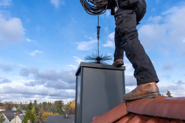Photo of Chimney sweep cleaning a chimney standing on the house roof, lowering equipment down the flue