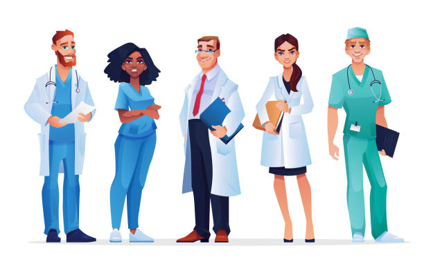 의사와 간호사 의료 종사자 팀은 격리 된 의료진을 팀. 청진기와 폴더가있는 파란색 스크럽과 흰색 코트를 입은 남성과 여성을 벡터로 합니다. 전문 실무자 그룹, 외과 의사 - practitioners stock illustrations