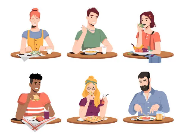 Vector illustration of Set of people eating different food isolated. Vector man and woman, main courses and snacks, coffee and juice drinks. Lunchtime, fastfood snacks at home or at restaurant, grilled meat and beer