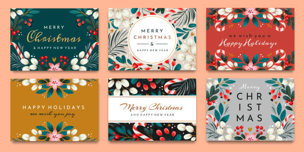 Festive Christmas cards A set of cards with holiday greetings. Christmas cards with ornaments of branches, berries and leaves. december calligraphy stock illustrations